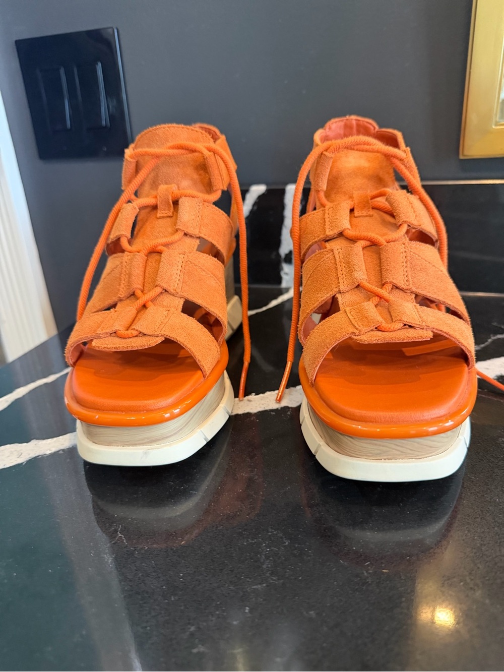 Sorel Orange Suede Platform Sandals with Lace Straps